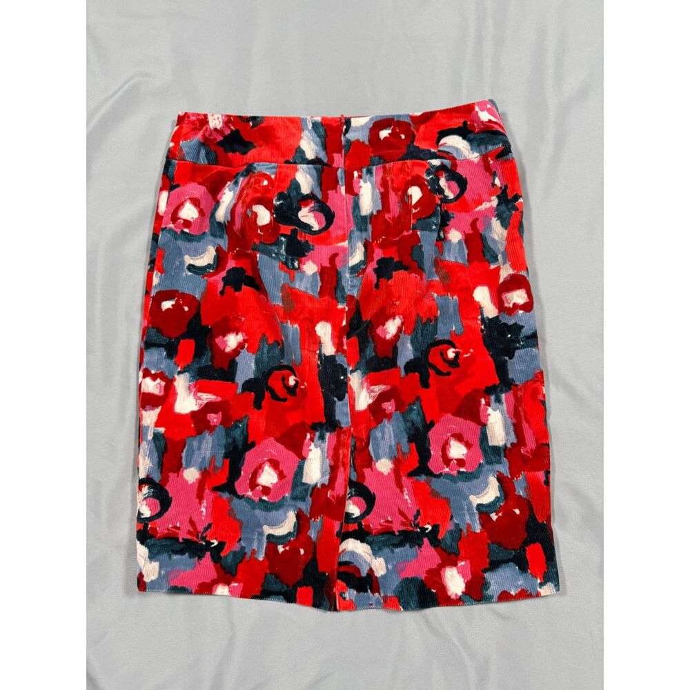 Anthro Vanessa Virginia Abstract Floral Red Blue Corduroy Mini Pencil Skirt Sz 6